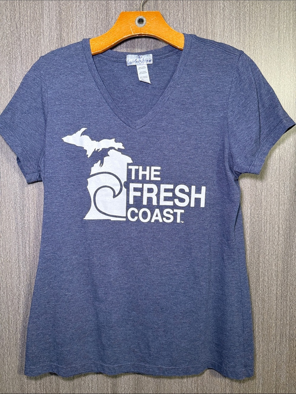 The Michigan Fresh Coast V-Neck Heather Navy Tshirt Size Medium NWOT